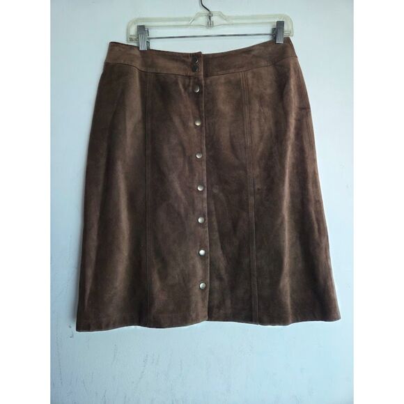 Geoffrey Beene Brown 100% Leather Suede Button Front A-Line Skirt size 10 - Picture 1 of 7
